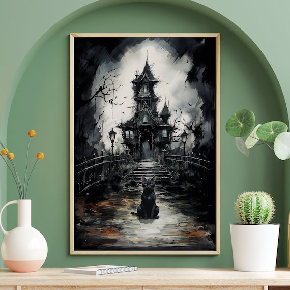 Black Cat Sitting Before a Haunted Gothic Mansion Watercolor Poster