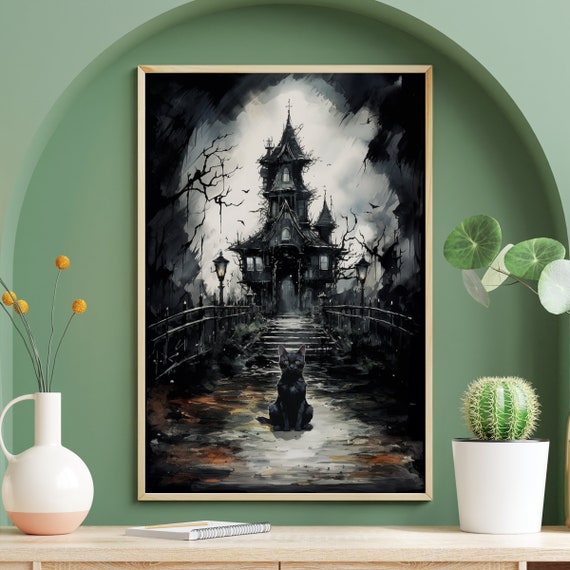 Haunted Mansion Black Cat Poster Funny Kitten Print Pet Painting Vintage Wall Art Gothic Victorian Decor Dark Academia Moody Wallpaper
