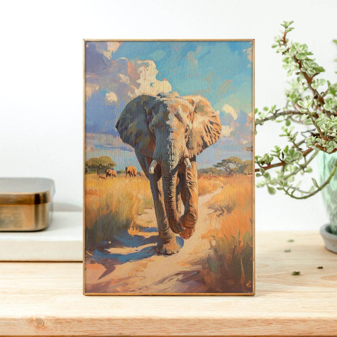 Elephant Walking Across a Golden African Savannah Sunset Poster