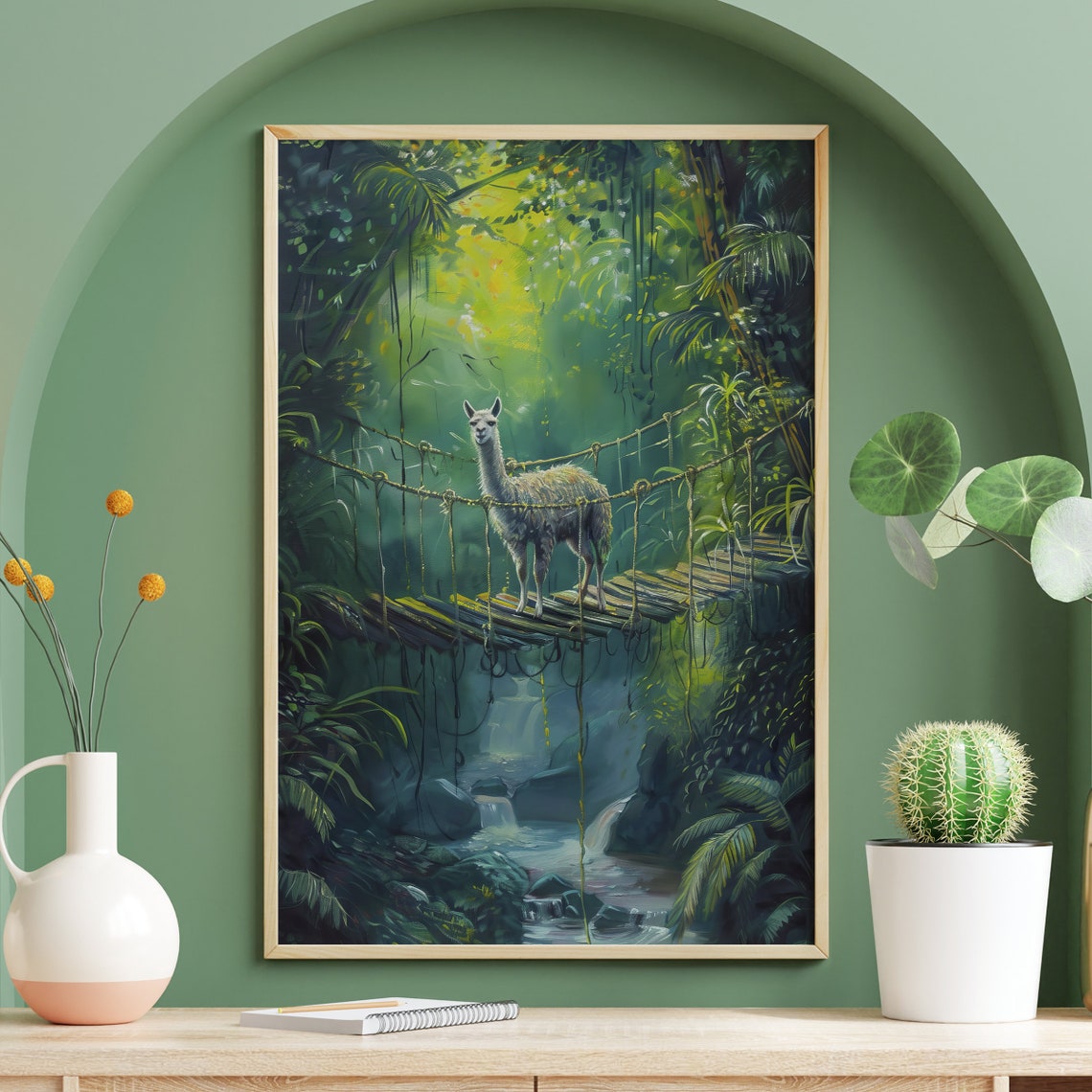 Adventurous Llama Crossing a Rope Bridge Over a Jungle Gorge Poster