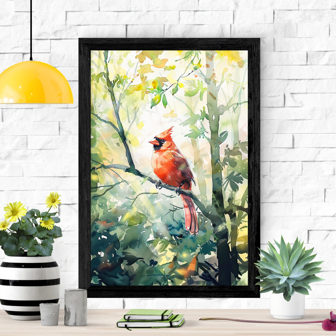 Red Cardinal Perched on Branch in Sunlit Forest Watercolor Poster