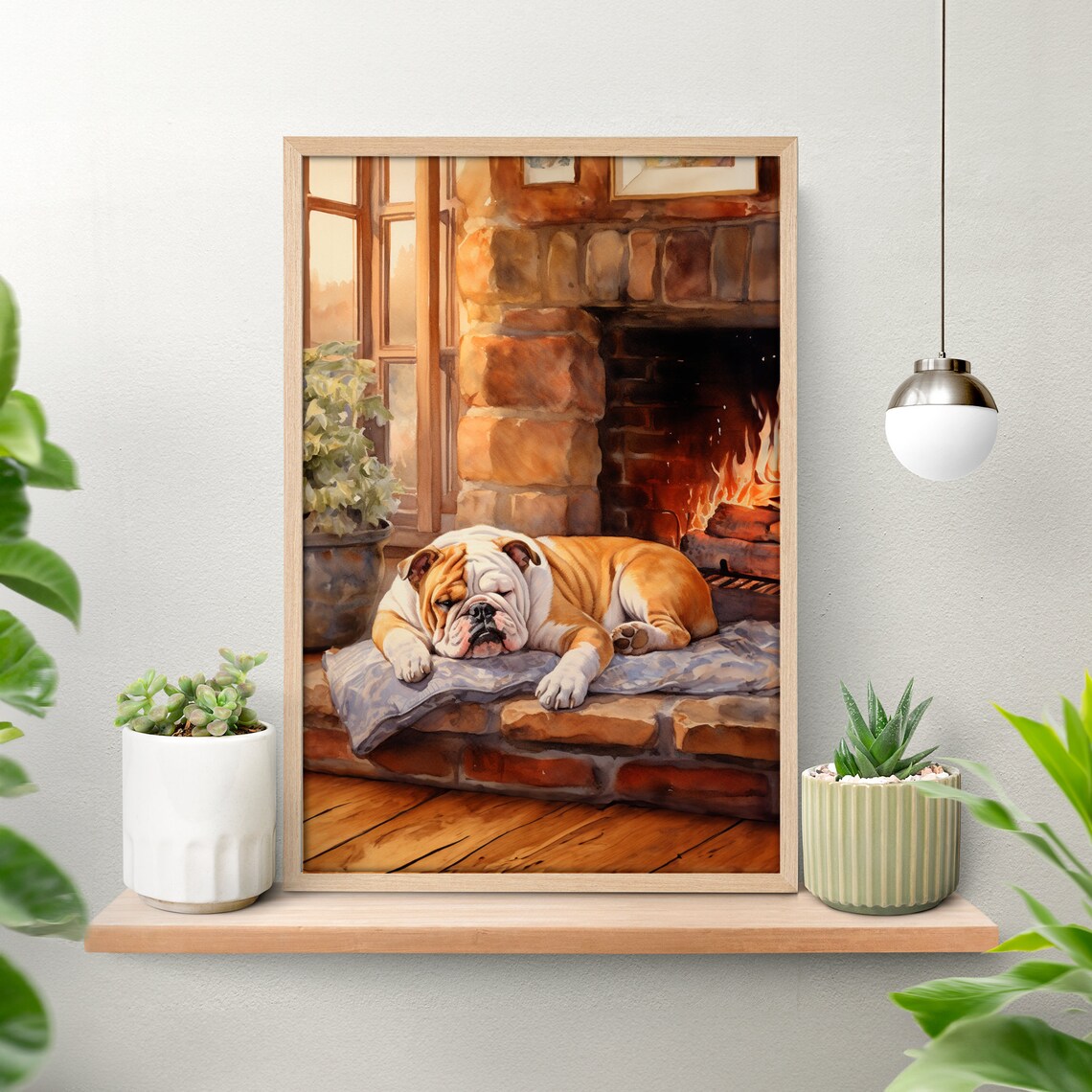 Sleepy Bulldog by Stone Fireplace Cozy Cabin Dog Portrait Art Poster