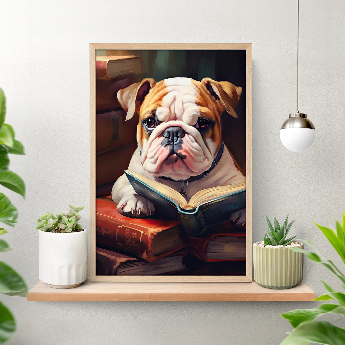 Cute Bulldog Reading a Book, Retro Dog Art Print