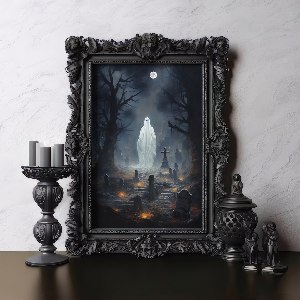 Haunting Ghost Graveyard Vintage Horror Art Print