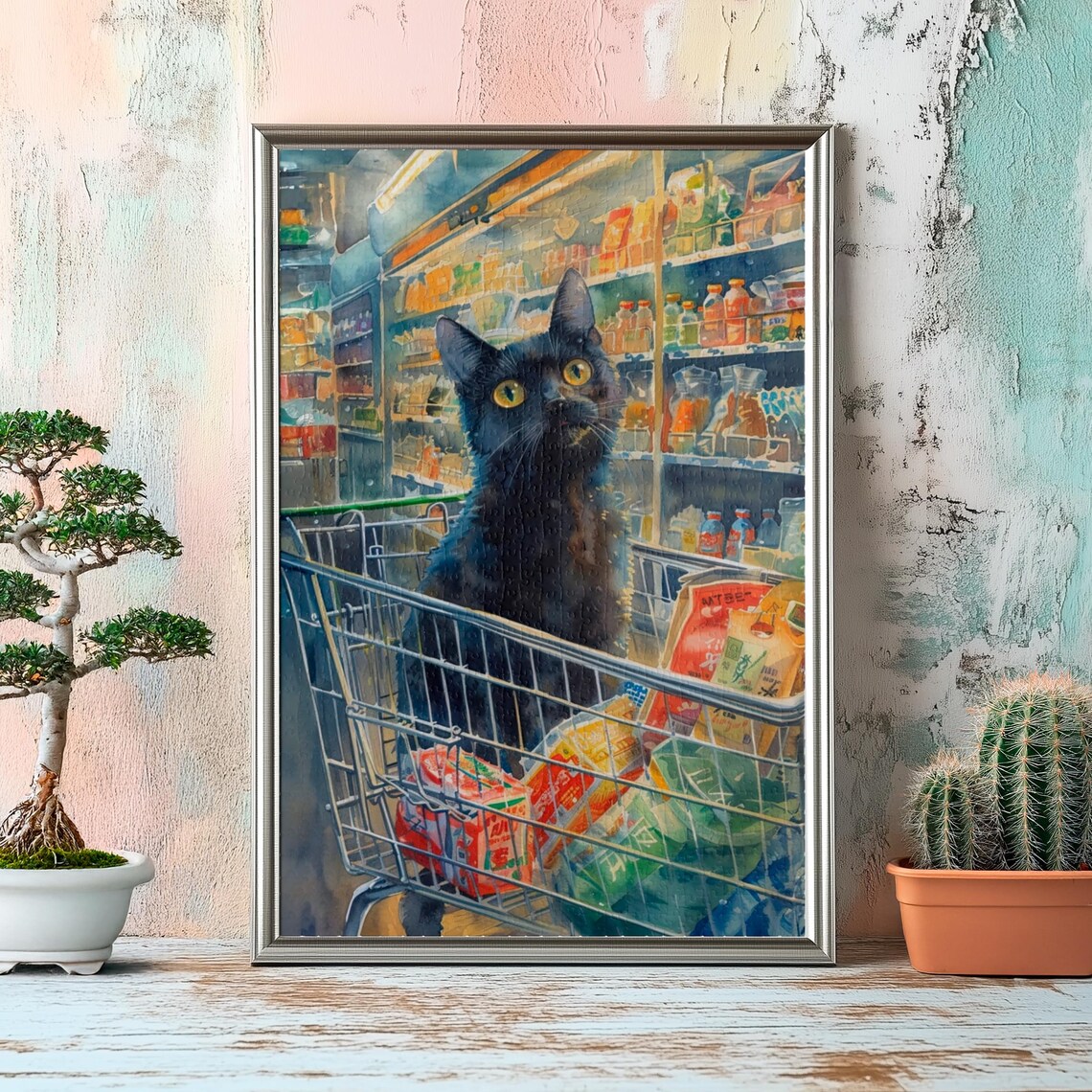 Black Cat Sitting Proudly in a Shopping Cart Rolling Through Grocery Store Poster