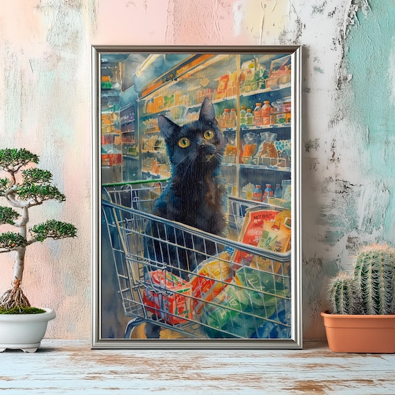 Black Cat Sitting Proudly in a Shopping Cart Rolling Through Grocery Store Poster