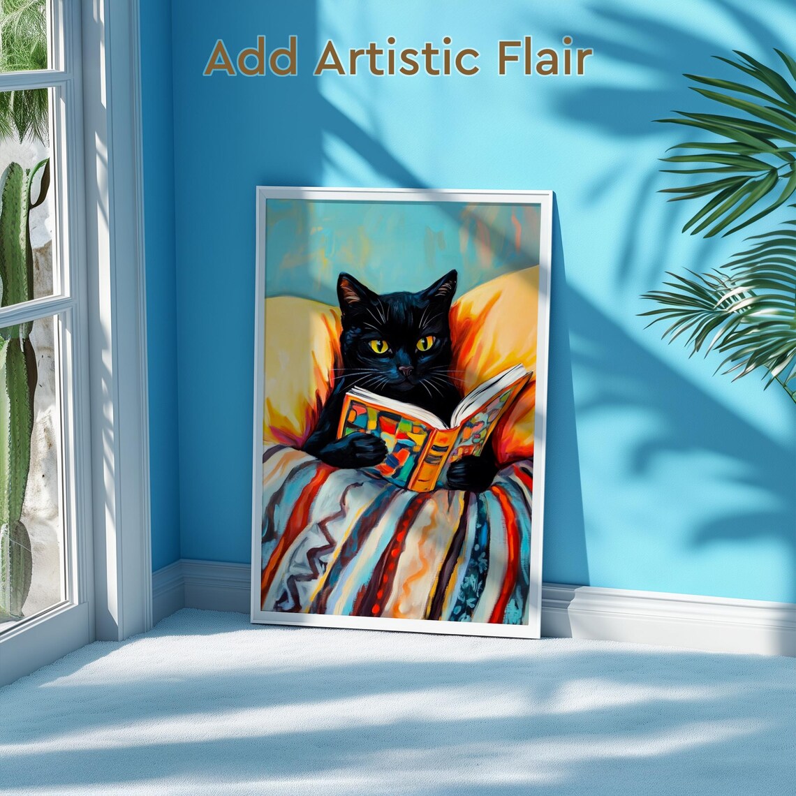 Black Cat With Golden Eyes Reading a Picture Book Tucked Cozy in Bed Poster - Image 3