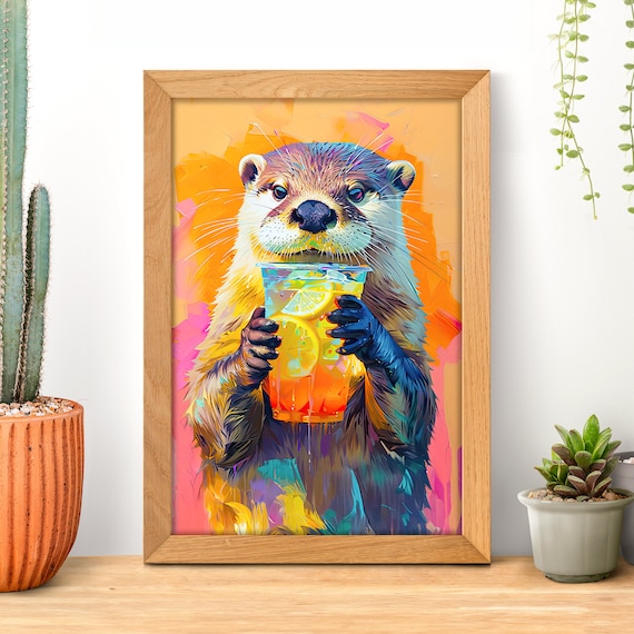 Thirsty Otter Holding Iced Lemonade Vibrant Pop Art Animal Poster