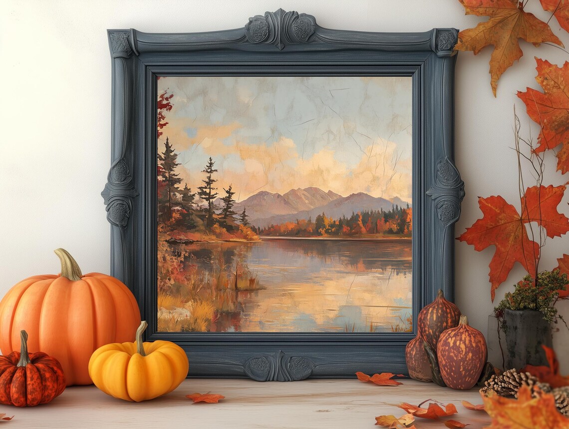 Autumn Lake Red Trees Mountain Vintage Oil Painting Landscape Poster - Image 3