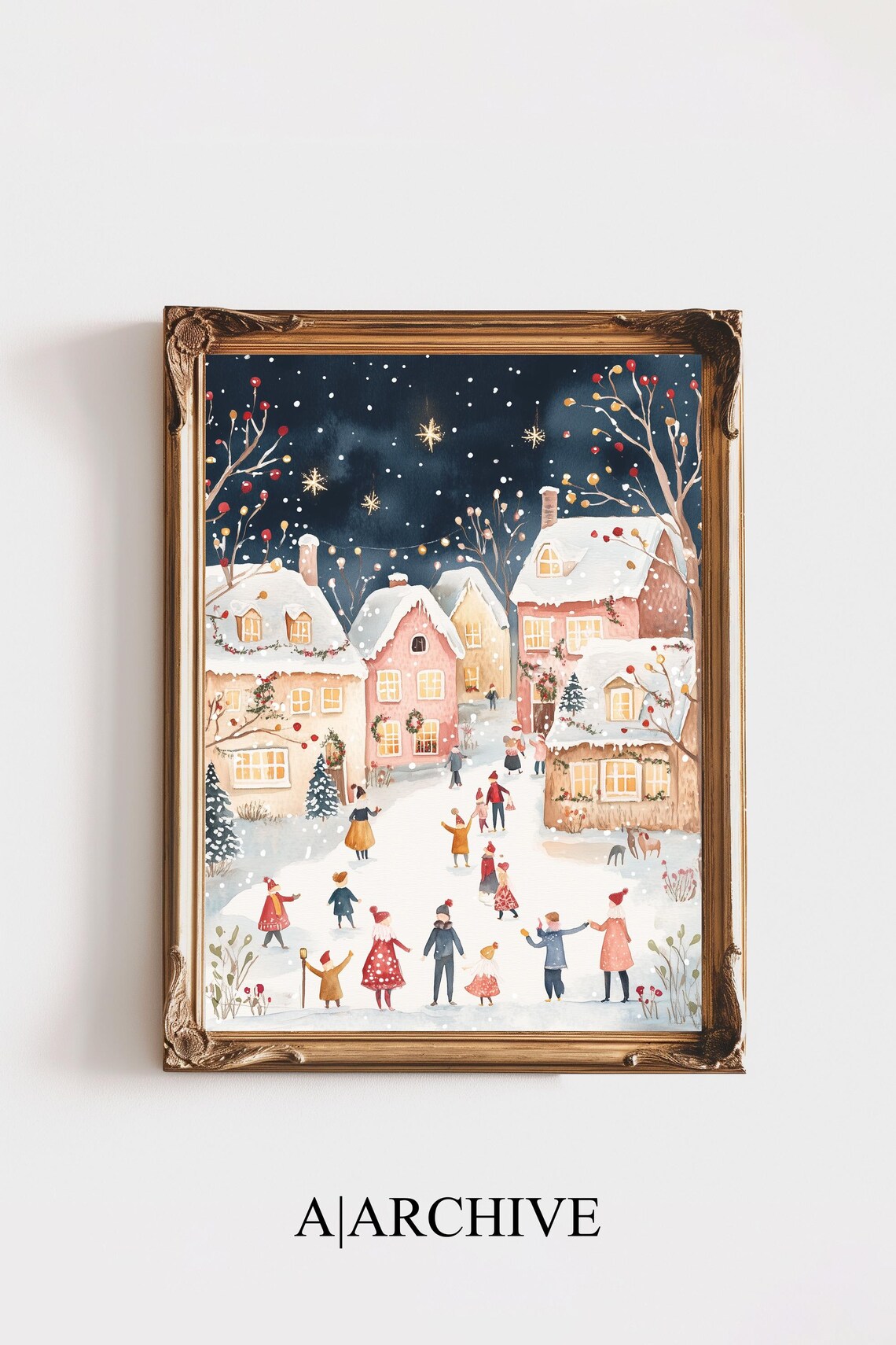 Snowy Christmas Village Night Scene Watercolor Holiday Poster