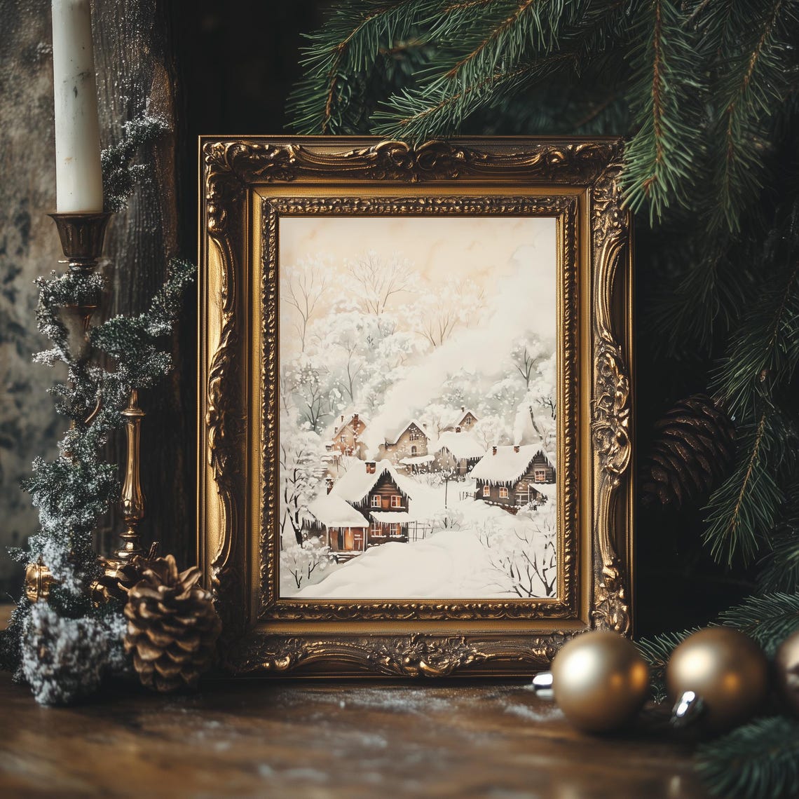 Rustic Winter Cabins Snow Scene Watercolor Christmas Holiday Poster - Image 2