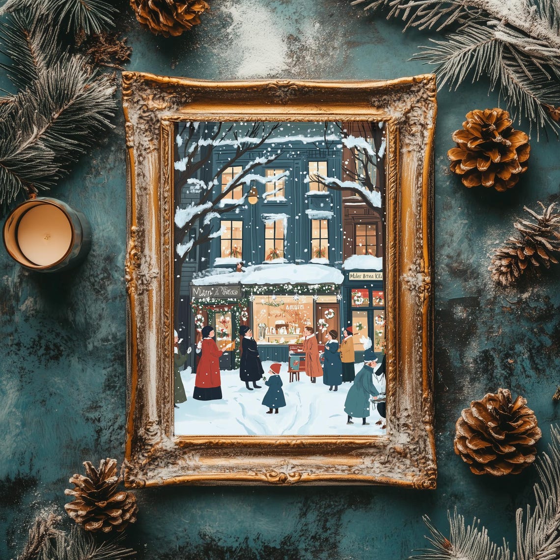 Snowy Christmas Shopfront Night Shoppers Festive Storefront Poster - Image 2