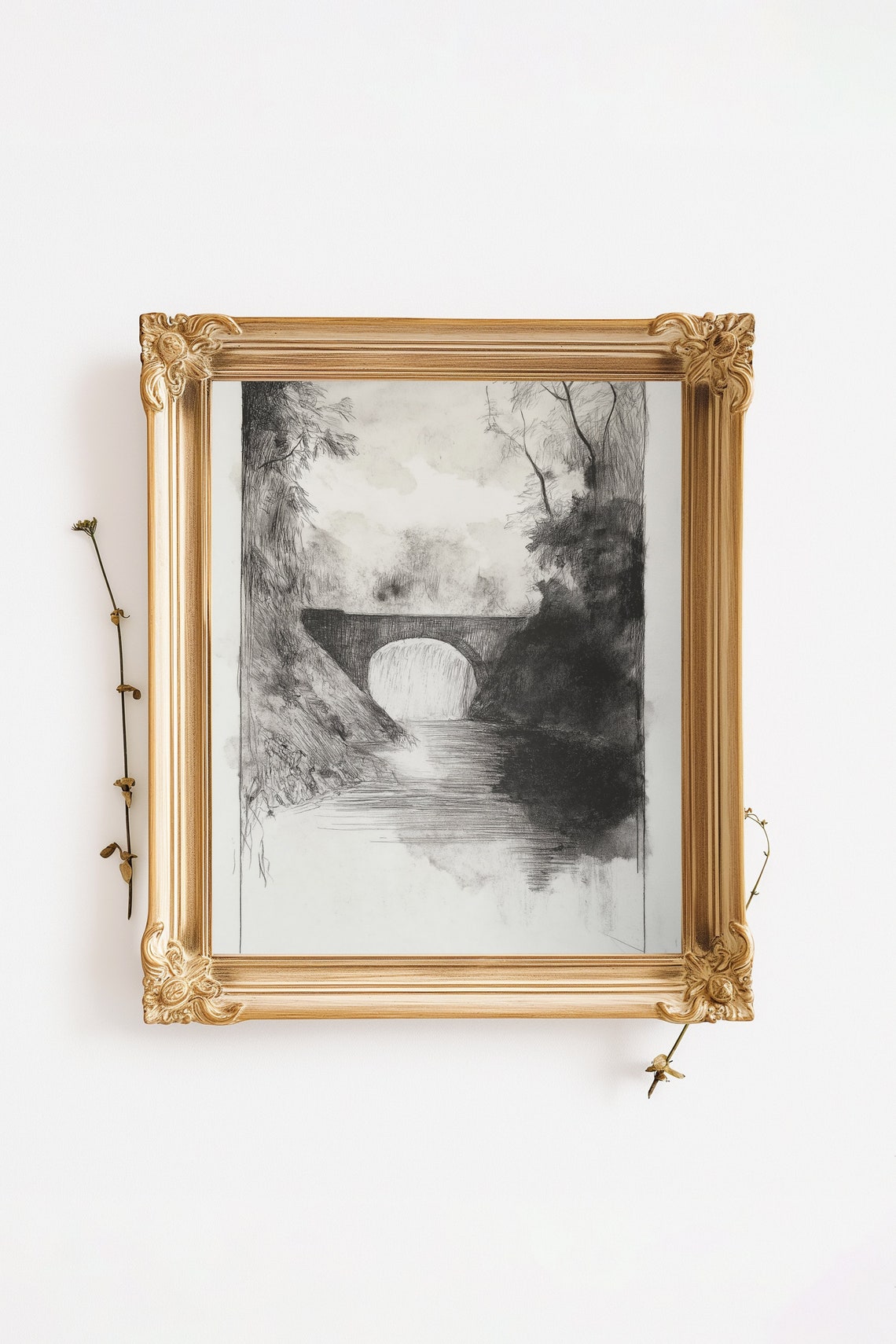 Charcoal Sketch Stone Arch Bridge Calm River Vintage Monochrome Poster - Image 3