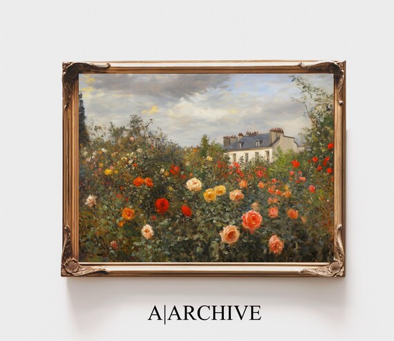 Rose Garden in Full Bloom Under Stormy Sky Vintage Art Poster