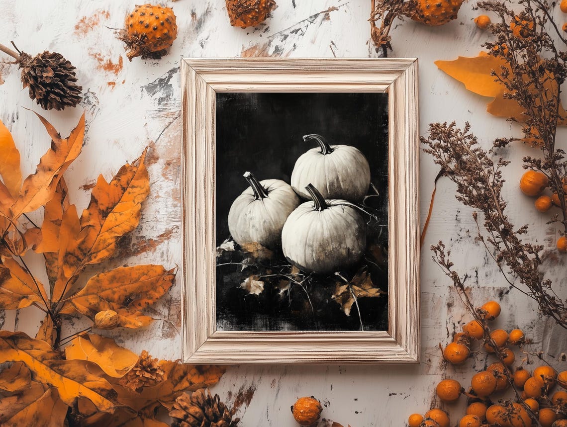 White Pumpkins Black Dark Academia Fall Botanical Still Life Poster - Image 3