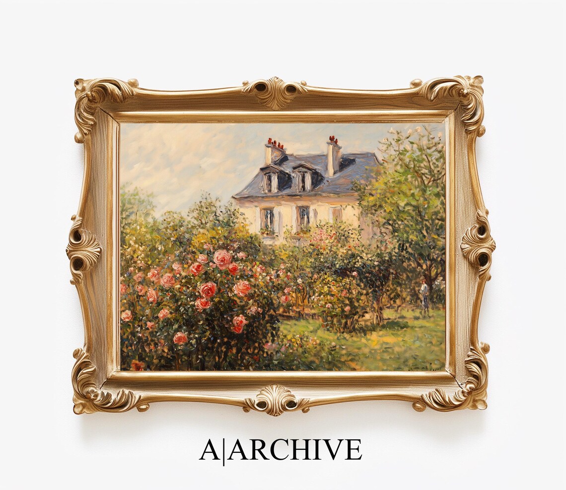 Rose Covered Garden and Village House Vintage Oil Painting Poster - Image 4