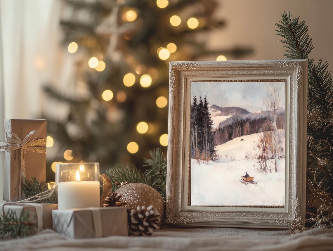 Horse Sleigh Snowy Trail Winter Hills Pines Vintage Landscape Poster - Image 2
