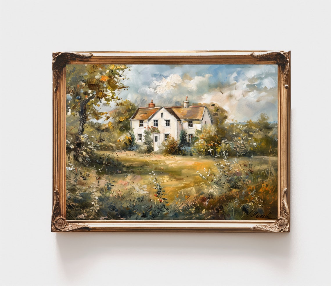 Sunlit Farmhouse Meadow Antique Oil Painting Country Landscape Print - Image 3