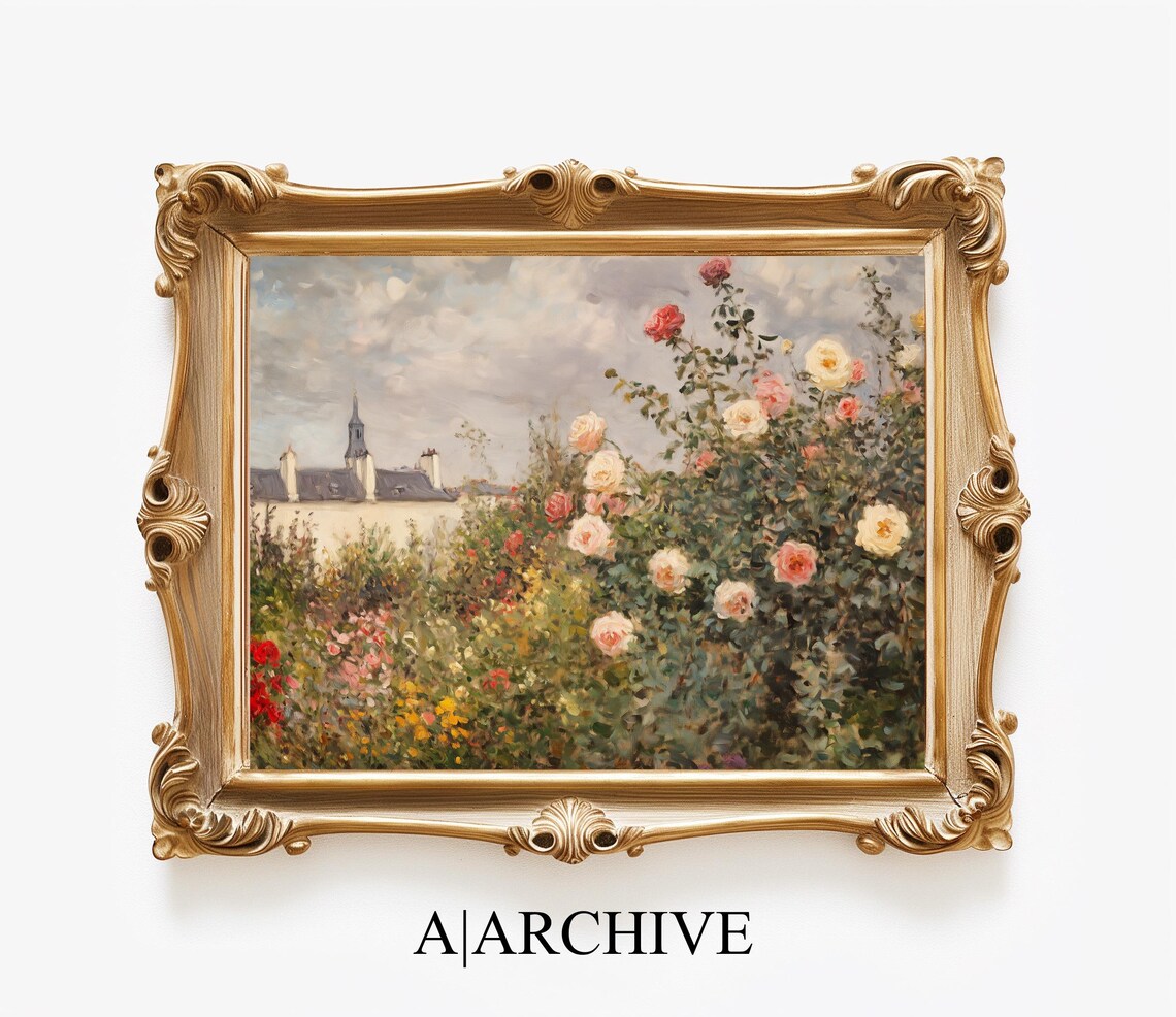 Cream and Red Roses Over Village Rooftops Vintage Art Poster - Image 3