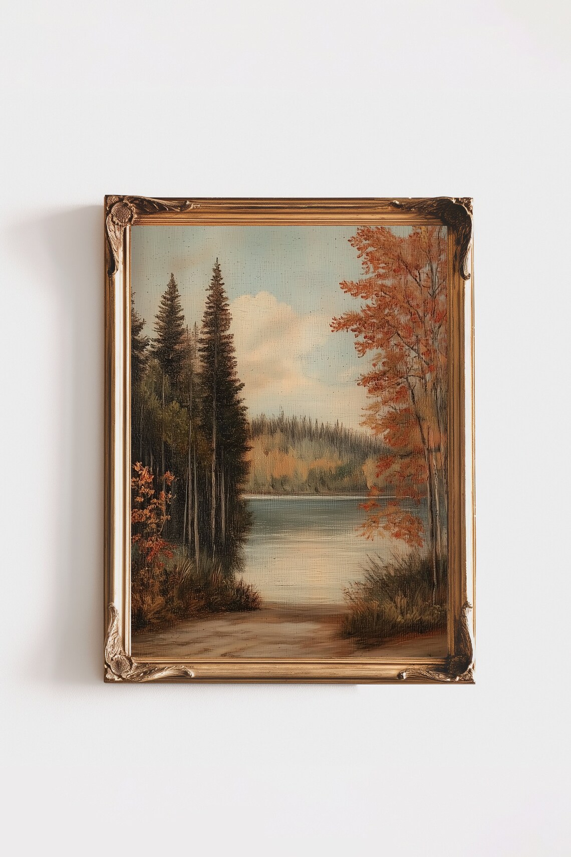 Vintage Fall Lake, Autumn Landscape Art Print
