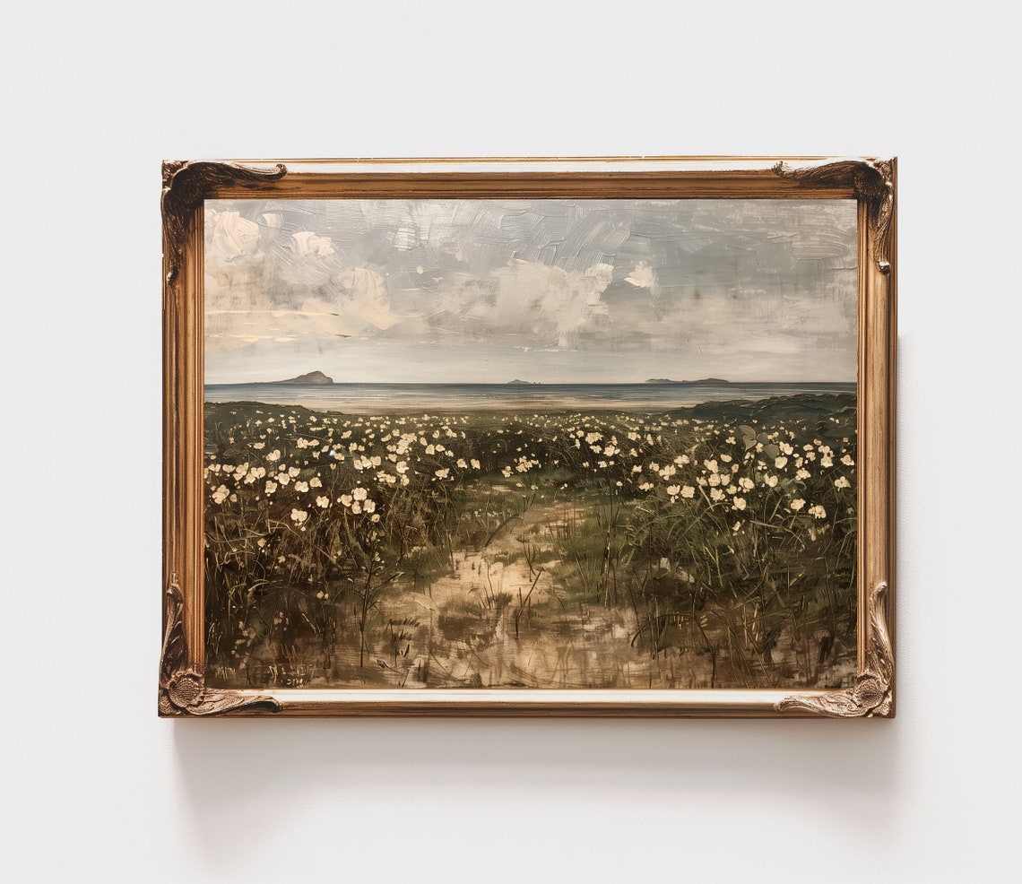 Coastal Wildflower Field White Blooms Sea Islands Summer Poster
