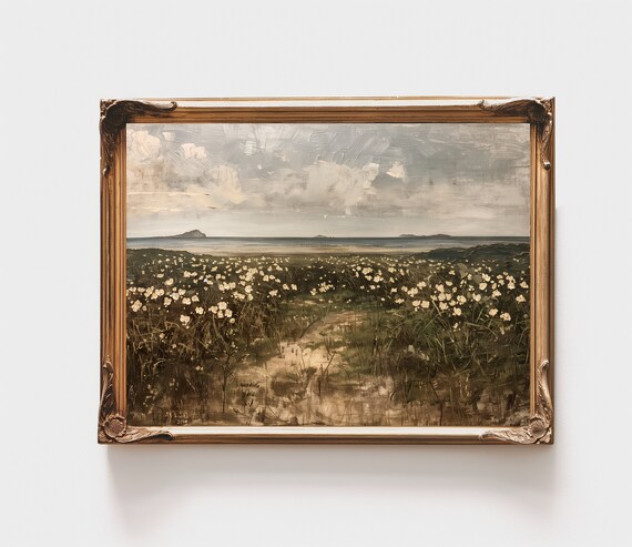 Coastal Wildflower Field White Blooms Sea Islands Summer Poster