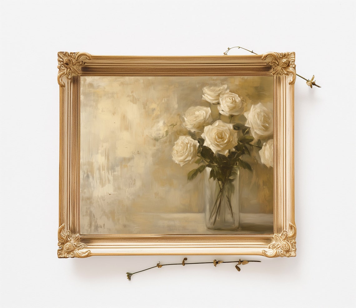White Roses Glass Vase Neutral Floral Still Life Farmhouse Poster