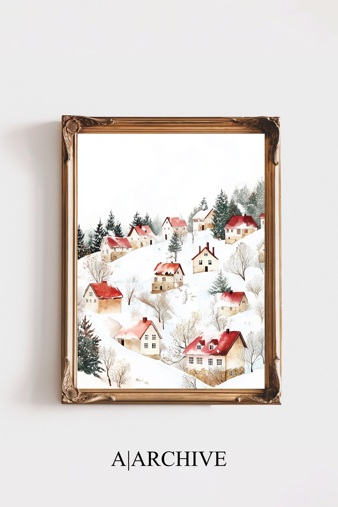Snowy Village Red Roof Houses Winter Watercolor Scene Poster
