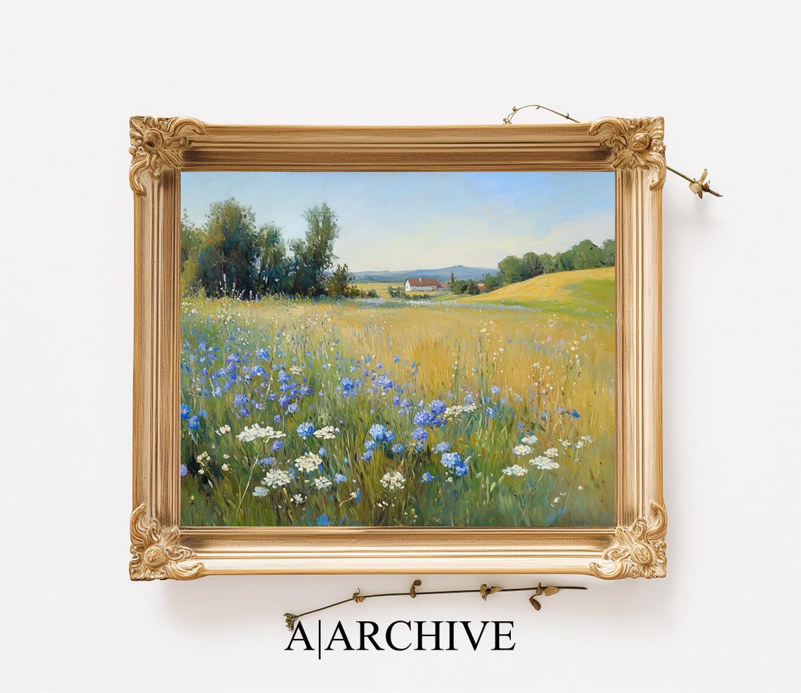 Blue Cornflowers White Wildflowers Summer Meadow Landscape Poster - Image 3