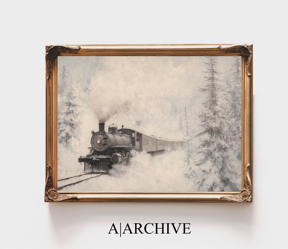 Vintage Steam Train Snowy Forest Winter Railway Locomotive Poster
