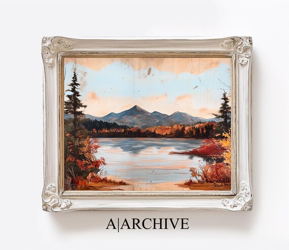 Autumn Lake Mountain Crimson Foliage Vintage Landscape Poster