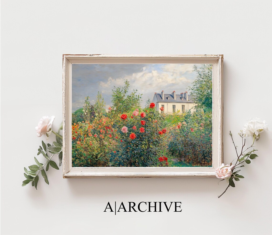 Red Roses and Village House in Summer Vintage Oil Painting Poster - Image 3