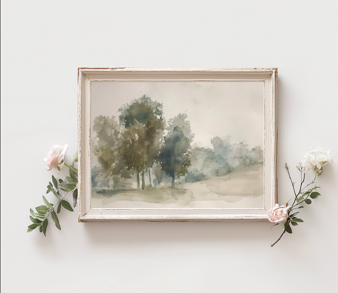 Muted Antique Landscape Painting Misty Trees Neutral Farmhouse Print