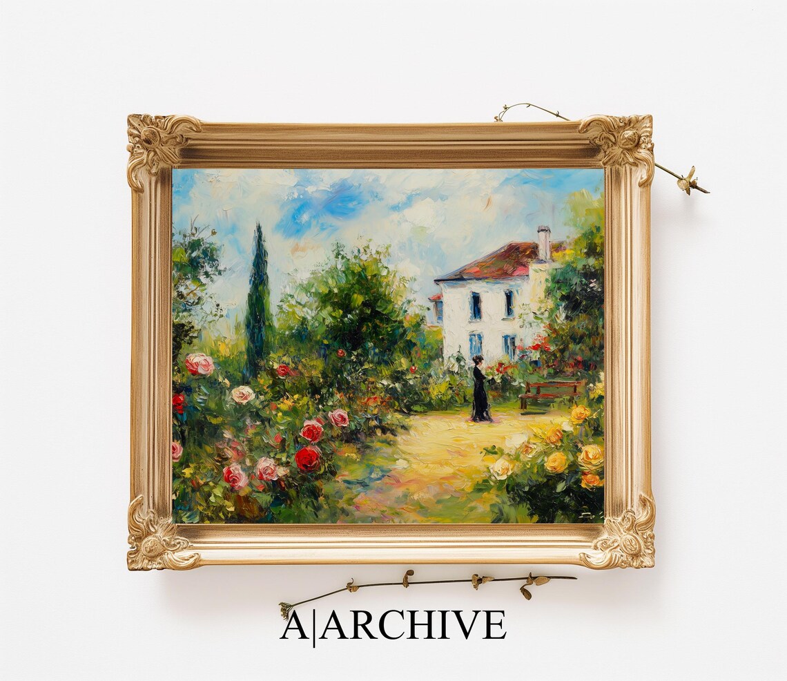 Rose Garden by White Cottage Vintage French Impressionist Oil Poster - Image 2