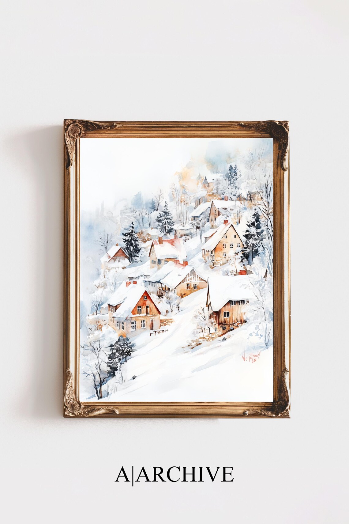 Watercolor Winter Village Hillside Snow Scene Rustic Christmas Poster