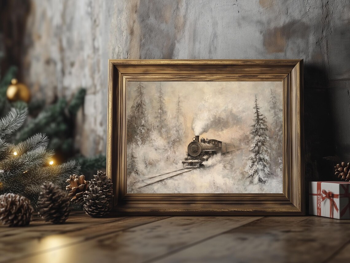 Vintage Steam Train Winter Forest Scene Snowy Christmas Poster - Image 4
