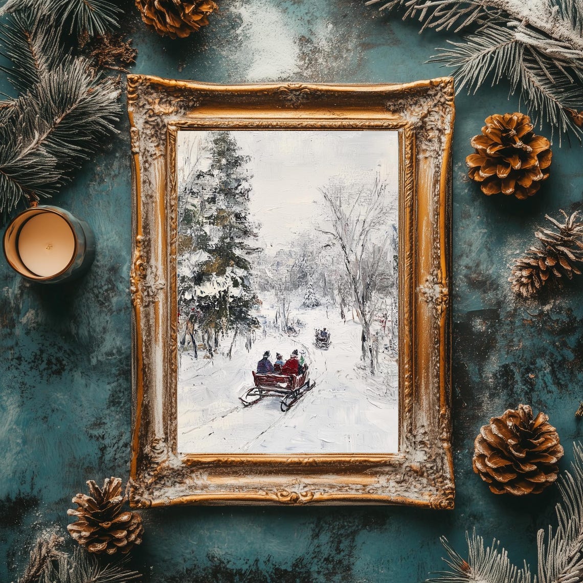 Sleigh Ride in a Snowy Winter Forest Vintage Oil Painting Poster - Image 3