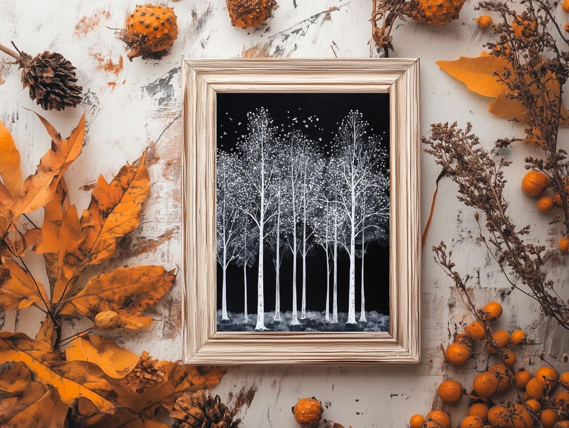 White Birch Trees Starry Night Black Background Dramatic Art Poster - Image 3