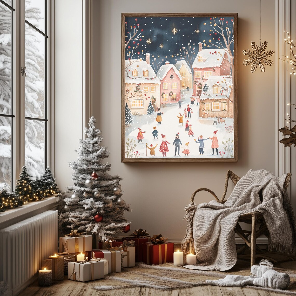 Snowy Christmas Village Night Scene Watercolor Holiday Poster - Image 3