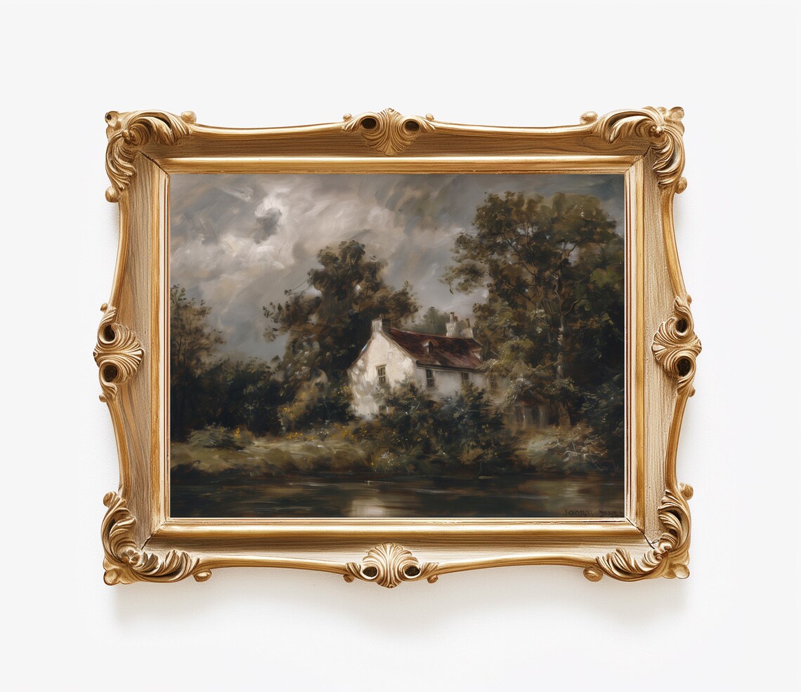 Antique Oil Painting Cottage by River Dark Trees Moody Print - Image 3