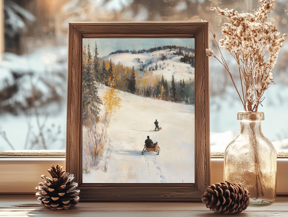 Vintage Horse Sleighs Snowy Hills Golden Birch Trees Winter Poster - Image 2