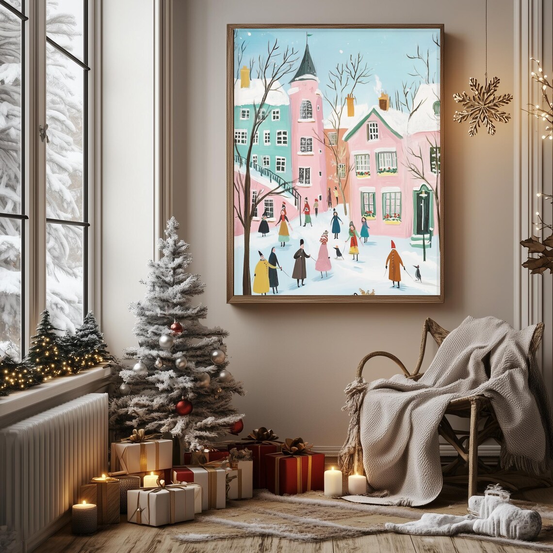 Colorful Pastel Winter Village Street Scene Retro Holiday Poster - Image 3
