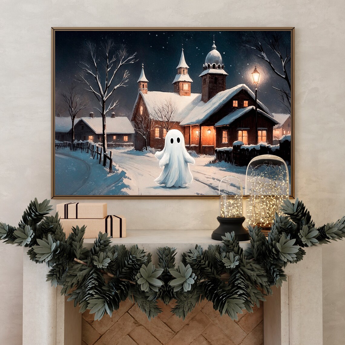 Ghost In The Vintage Winter Village Painting Art Country Christmas Art Print Winter Snowy Cottage Decor Ghost Retro Poster 37 - Image 2