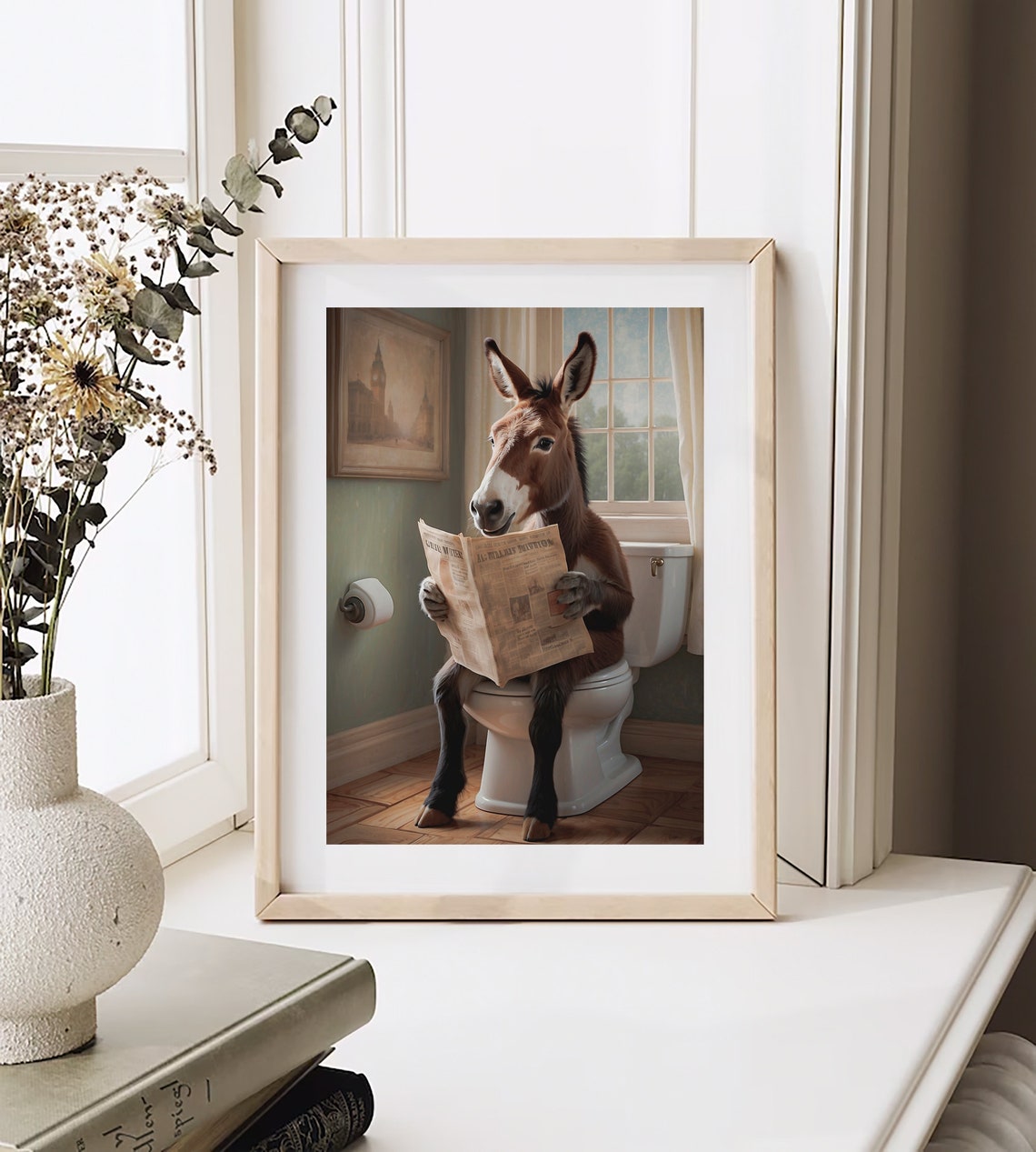 Smiling Donkey Reading A Newspaper On The Toilet Funny Poster - Image 3