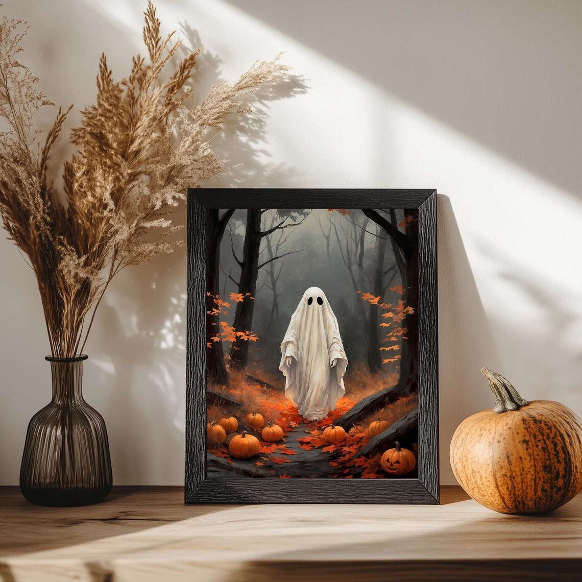 Ghost Walking Through A Misty Autumn Forest Scattered With Pumpkins Art Print - Image 4