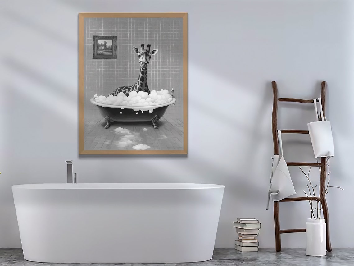 Giraffe Soaking In A Bubble Bath Black And White Funny Poster - Image 3