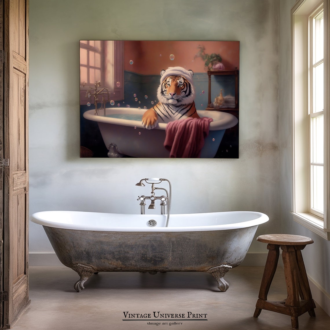 Tiger in a Bubble Bath Wearing a White Towel Turban Funny Bath Poster - Image 2