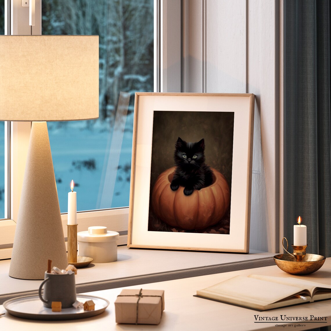 Black Kitten Hollowed Pumpkin Cute Halloween Kitty Art Print - Image 2