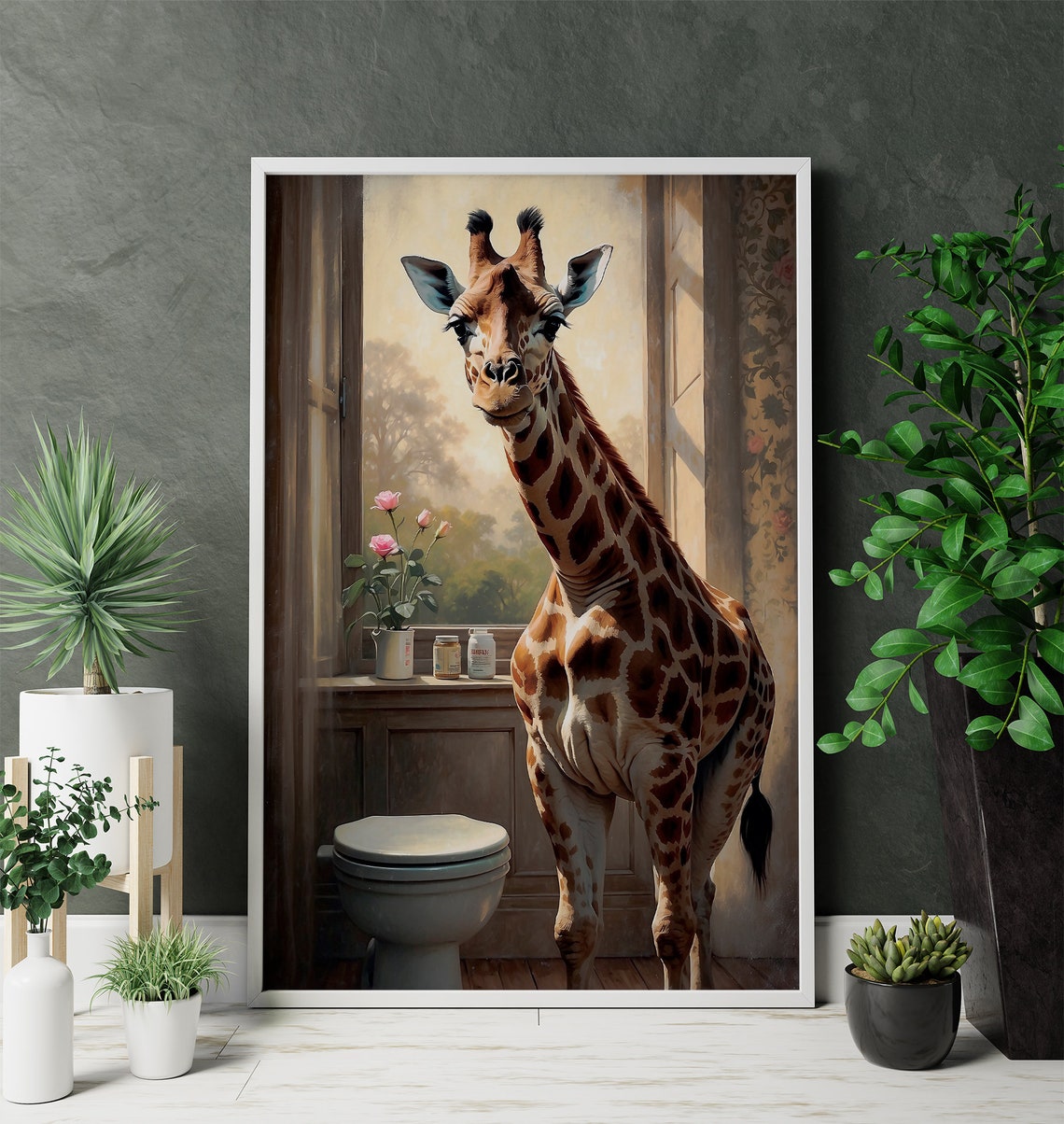 Friendly Giraffe Standing Beside A Vintage Toilet Humor Poster - Image 2