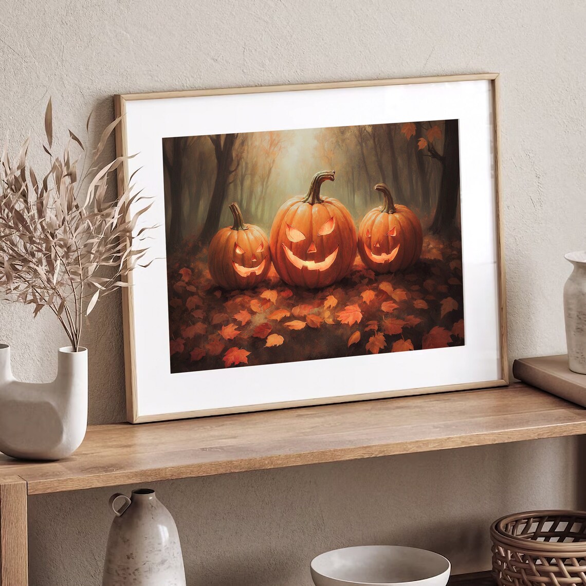 Three Glowing Jack O Lanterns In Misty Autumn Forest Halloween Painting Poster - Image 2